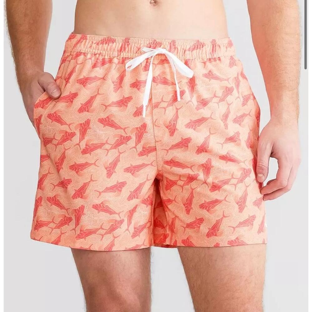 🔥Huk Stretch Coral Swim trunks Shorts Fish Print Beach Fishing Surf Volley Sz L
